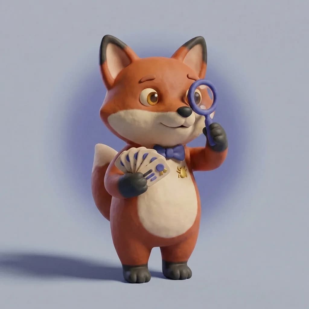 Rufus the fox reviewing a stack of verified reward cards