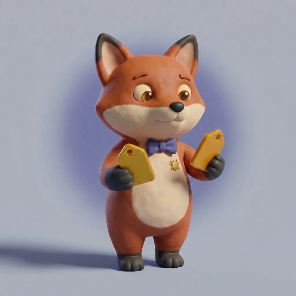 Rufus the fox weighing two reward tags