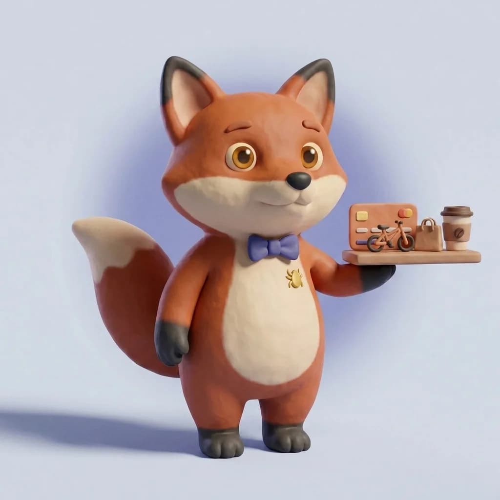 Rufus the fox beside a shelf of category objects