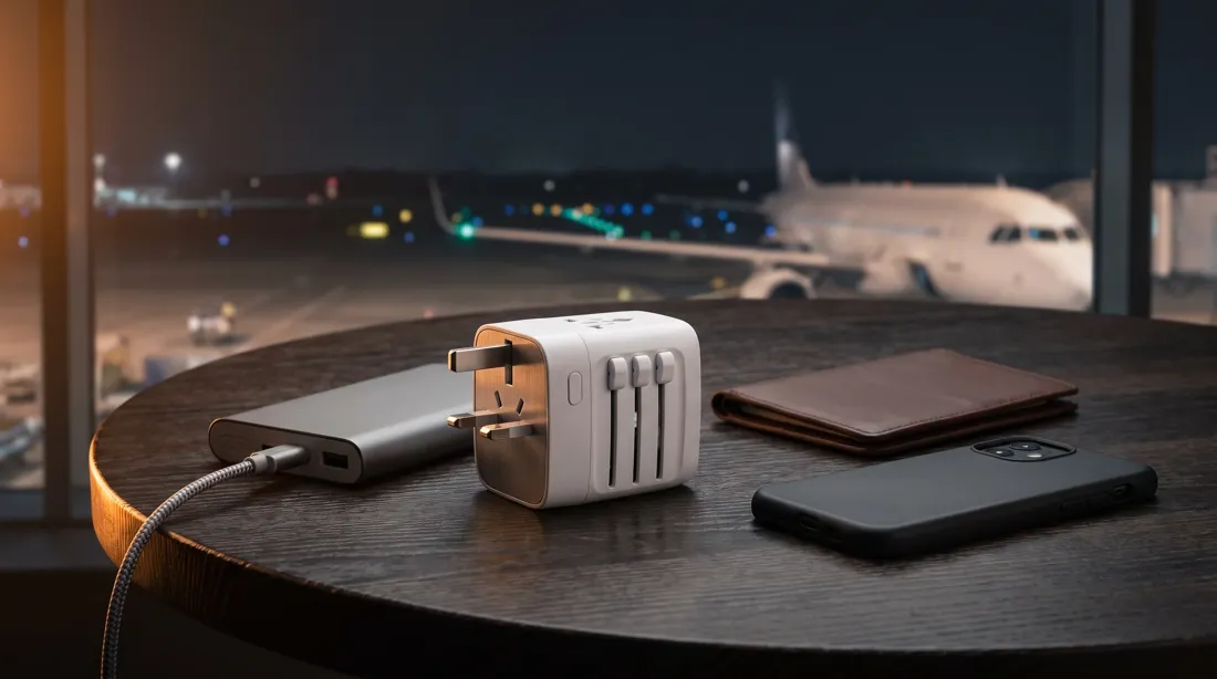 A travel adapter, power bank, passport and phone on a table at an airport gate