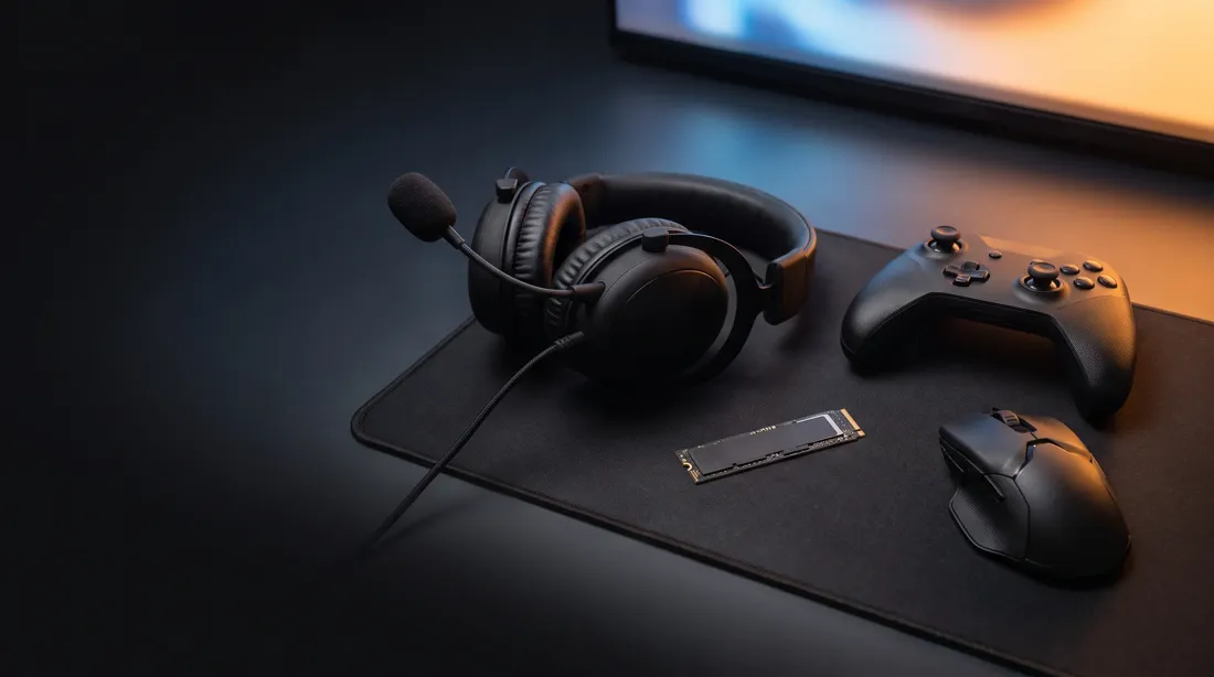A gaming headset, controller, SSD and gaming mouse on a dark desk