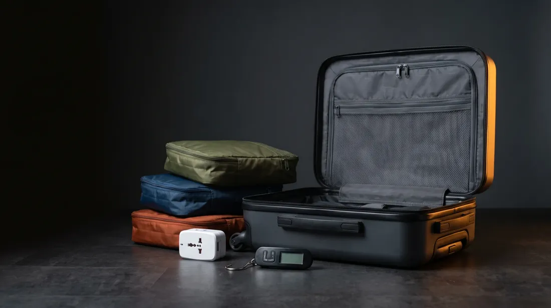 A cabin suitcase with packing cubes, a travel adapter and a luggage scale