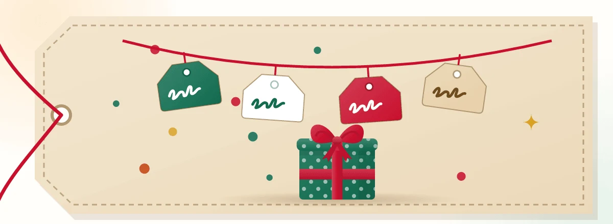 Your Personalised Gifts illustration: a kraft gift tag with handwritten tags on red twine above a wrapped present.